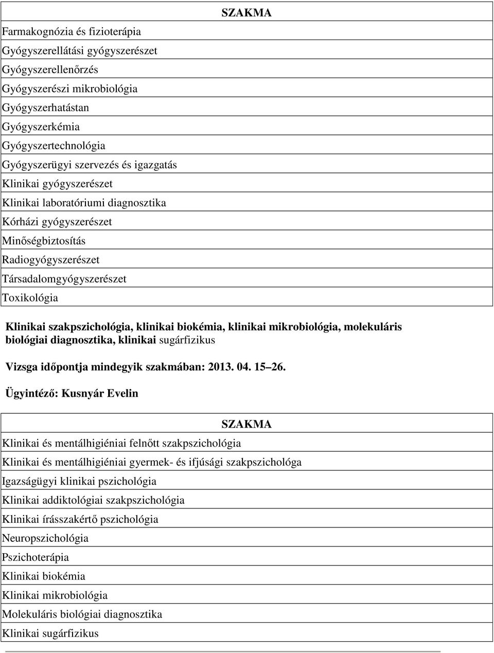 szakpszichológia, klinikai biokémia, klinikai mikrobiológia, molekuláris biológiai diagnosztika, klinikai sugárfizikus Vizsga idıpontja mindegyik szakmában: 2013. 04. 15 26.