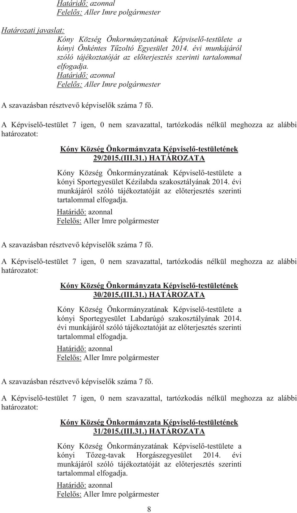 30/2015.(III.31.) HATÁROZATA kónyi Sportegyesület Labdarúgó szakosztályának 2014.