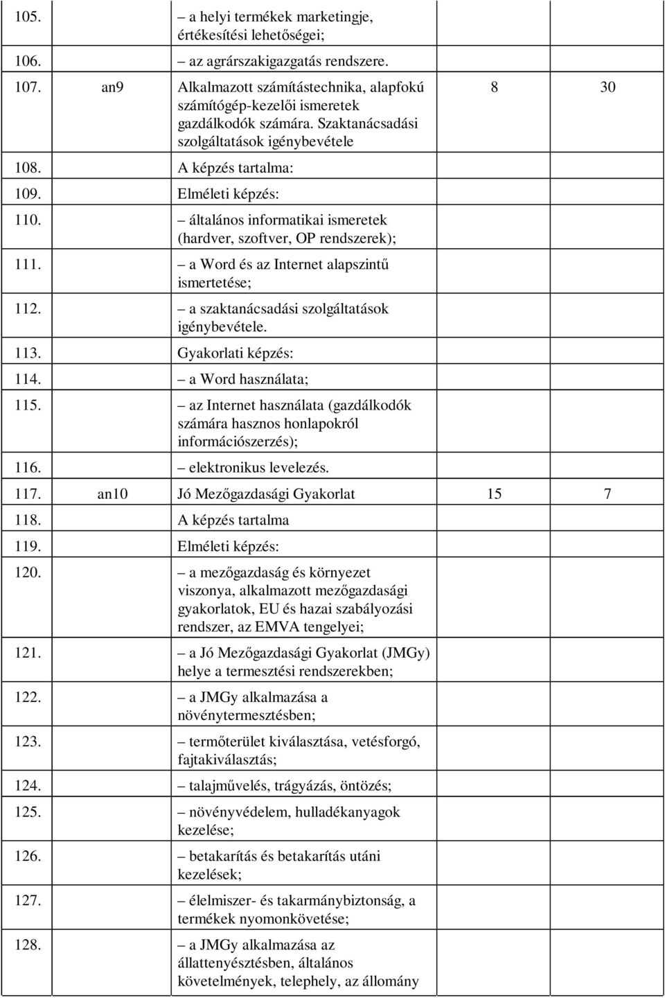 a Word és az Internet alapszintű ismertetése; 112. a szaktanácsadási szolgáltatások igénybevétele. 113. Gyakorlati képzés: 114. a Word használata; 115.