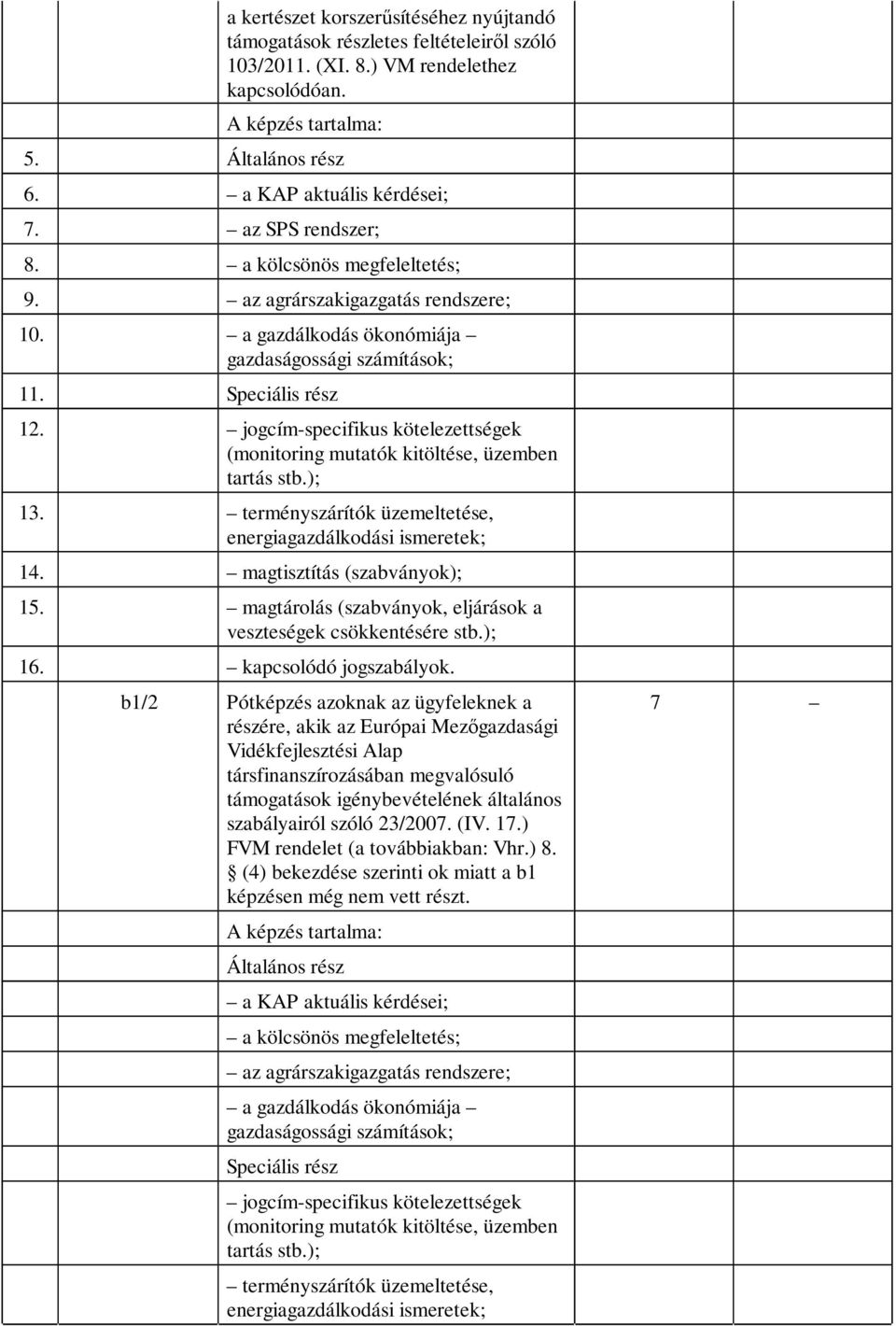 jogcím-specifikus kötelezettségek (monitoring mutatók kitöltése, üzemben tartás stb.); 13. terményszárítók üzemeltetése, energiagazdálkodási ismeretek; 14. magtisztítás (szabványok); 15.