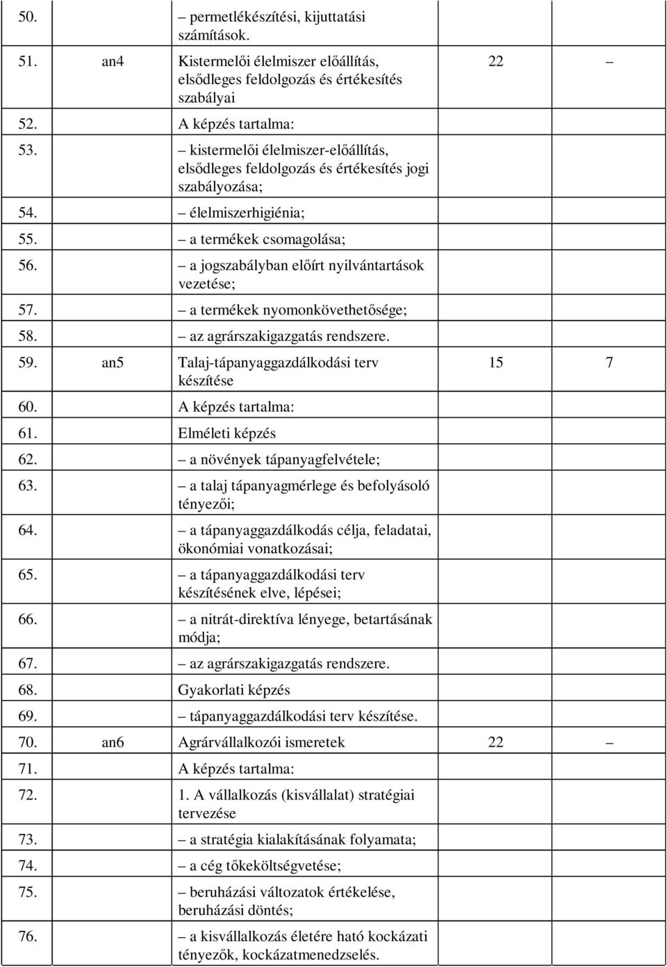 a termékek nyomonkövethetősége; 58. az agrárszakigazgatás rendszere. 59. an5 Talaj-tápanyaggazdálkodási terv készítése 60. A képzés tartalma: 61. Elméleti képzés 62. a növények tápanyagfelvétele; 63.