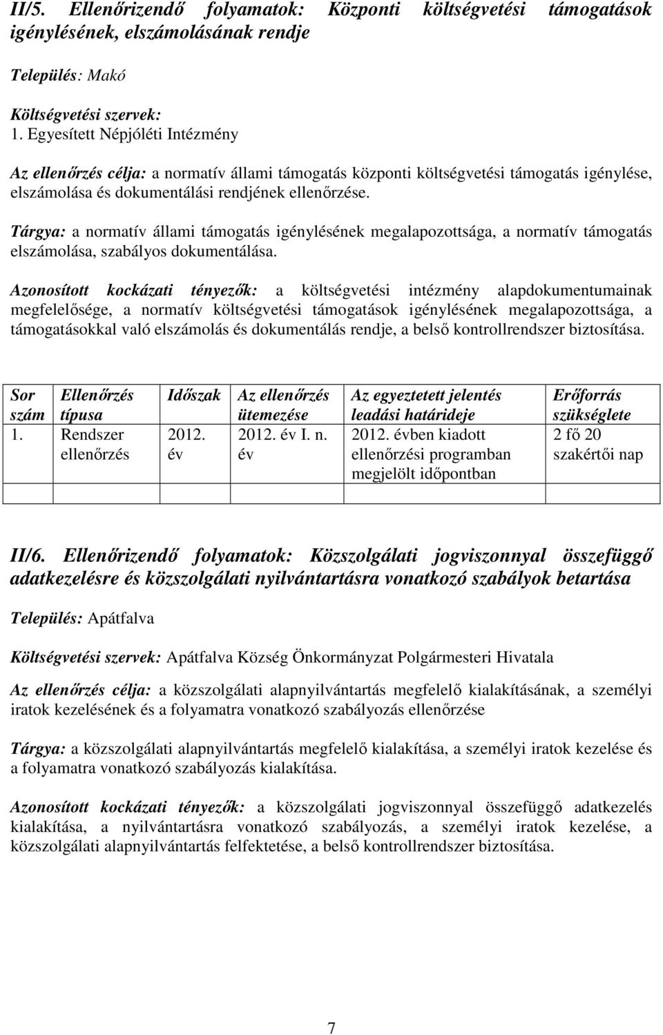 Tárgya: a normatív állami támogatás igénylésének megalapozottsága, a normatív támogatás elszámolása, szabályos dokumentálása.