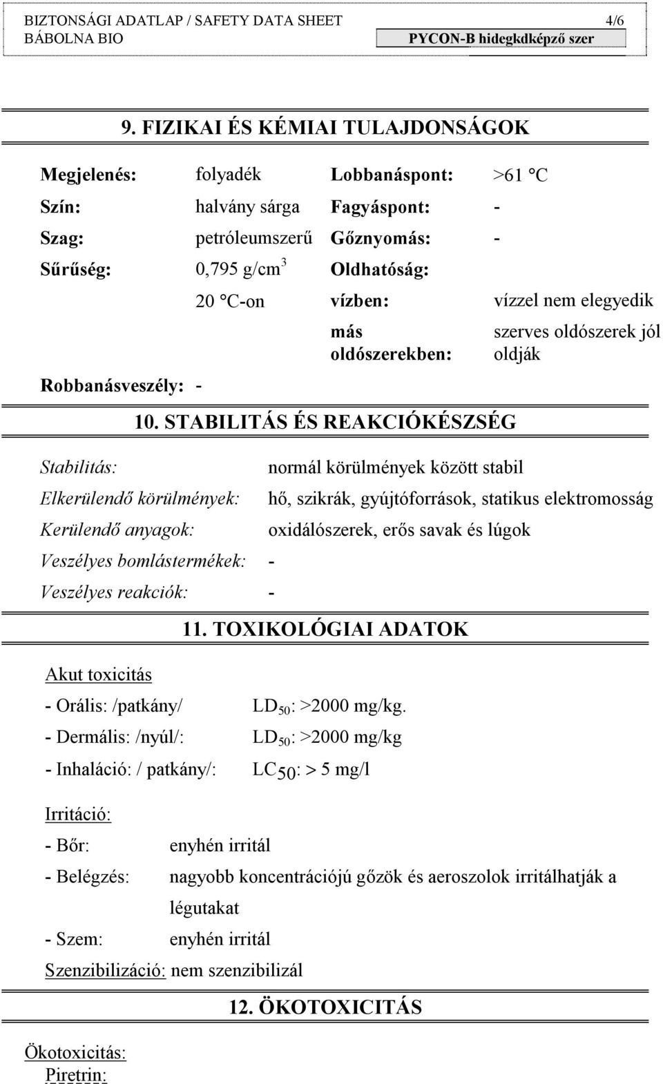 C-on Oldhatóság: vízben: más oldószerekben: 10.