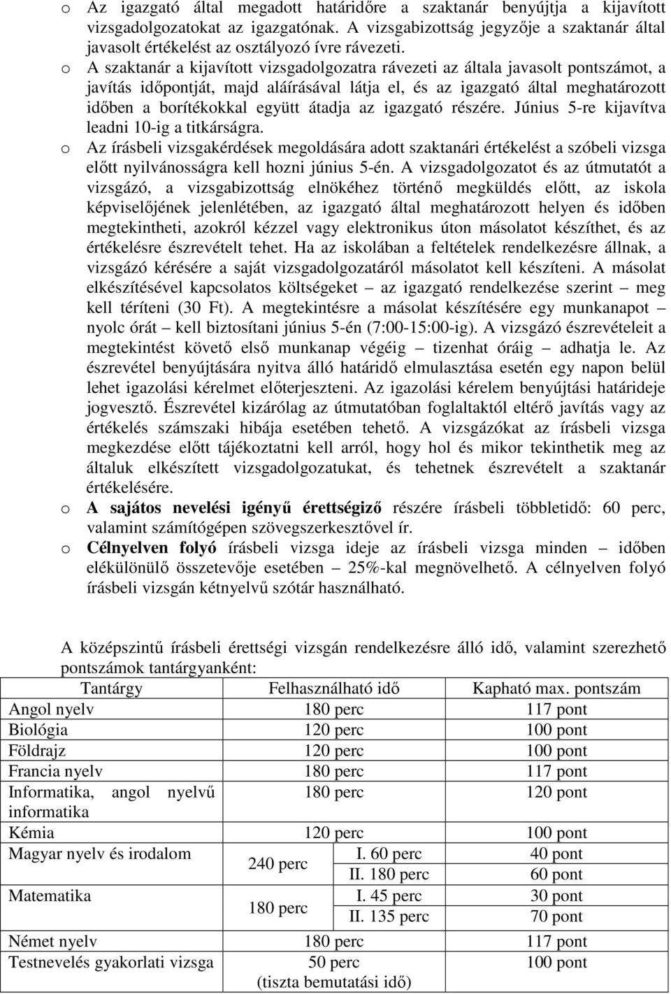 o A szaktanár a kijavított vizsgadolgozatra rávezeti az általa javasolt pontszámot, a javítás időpontját, majd aláírásával látja el, és az igazgató által meghatározott időben a borítékokkal együtt