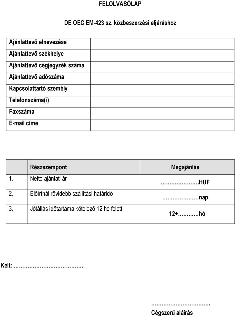 száma Ajánlattev adószáma Kapcsolattartó személy Telefonszáma(i) Faxszáma E-mail címe