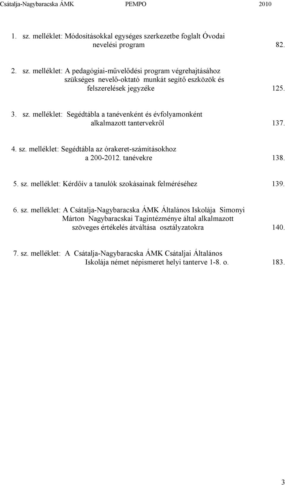 6. sz. melléklet: A Csátalja-Nagybaracska ÁMK Általános Iskolája Simonyi Márton Nagybaracskai Tagintézménye által alkalmazott szöveges értékelés átváltása osztályzatokra 140. 7. sz. melléklet: A Csátalja-Nagybaracska ÁMK Csátaljai Általános Iskolája német népismeret helyi tanterve 1-8.