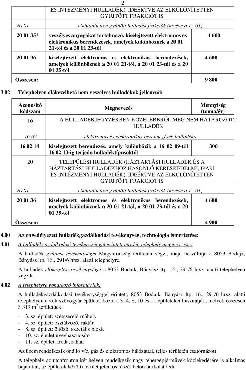 01 23-tól és a 20 01 35-tıl 4 600 4 600 Összesen: 9 800 3.