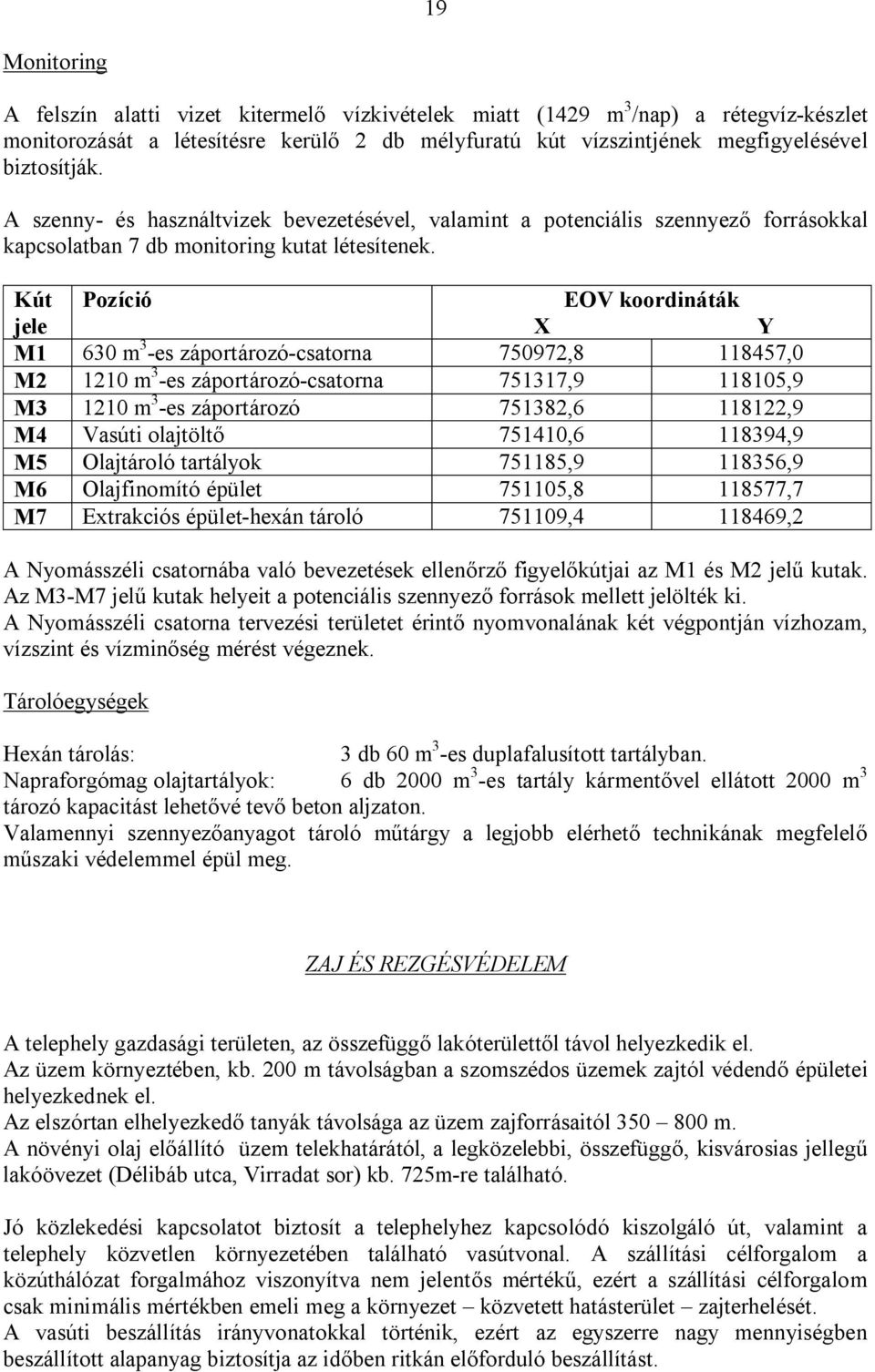 Kút Pozíció EOV koordináták jele X Y M1 630 m 3 -es záportározó-csatorna 750972,8 118457,0 M2 1210 m 3 -es záportározó-csatorna 751317,9 118105,9 M3 1210 m 3 -es záportározó 751382,6 118122,9 M4