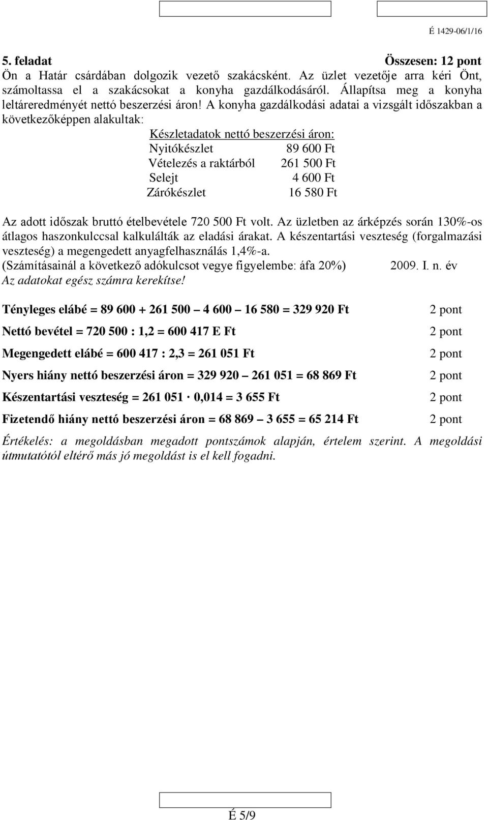 A konyha gazdálkodási adatai a vizsgált időszakban a következőképpen alakultak: Készletadatok nettó beszerzési áron: Nyitókészlet 89 600 Ft Vételezés a raktárból 261 500 Ft Selejt 4 600 Ft