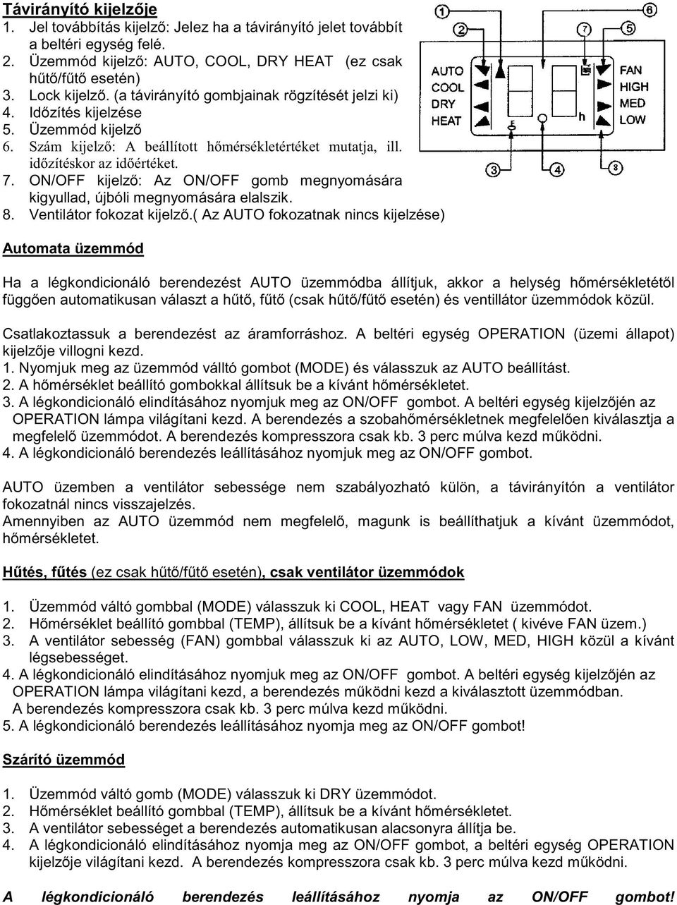 ON/OFF kijelző: Az ON/OFF gomb megnyomására kigyullad, újbóli megnyomására elalszik. 8. Ventilátor fokozat kijelző.