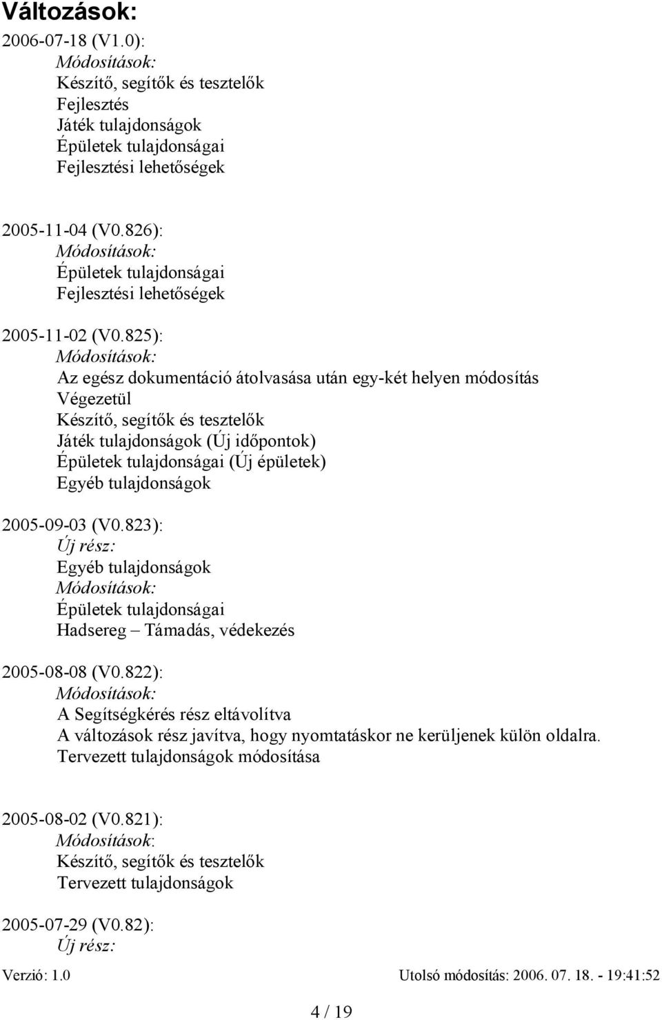 825): Az egész dokumentáció átolvasása után egy-két helyen módosítás Végezetül Készít, segít k és tesztel k Játék tulajdonságok (Új id pontok) Épületek tulajdonságai (Új épületek) Egyéb