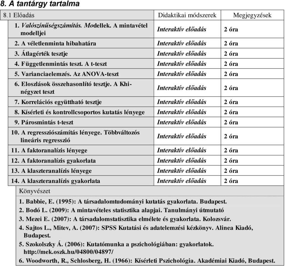 Kísérleti és kontrollcsoportos kutatás lényege 9. Párosmintás t-teszt 10. A regressziószámítás lényege. Többváltozós lineáris regresszió 11. A faktoranalízis lényege 12.