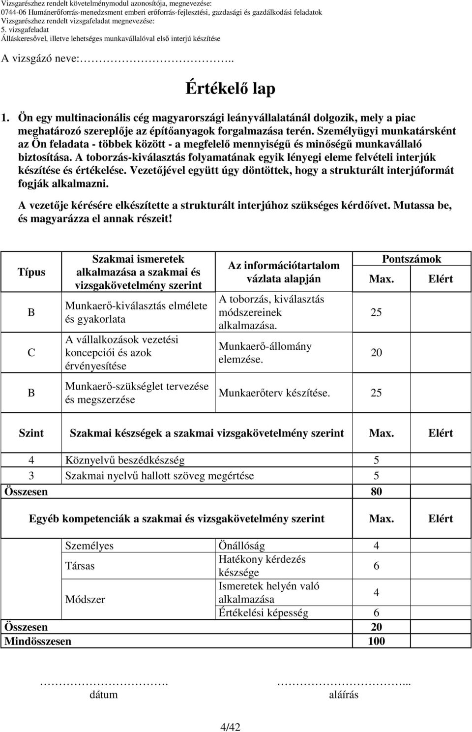 Típus C Szakmai ismeretek alkalmazása a szakmai és vizsgakövetelmény szerint Munkaerı-kiválasztás elmélete és gyakorlata A vállalkozások vezetési koncepciói és azok érvényesítése Munkaerı-szükséglet