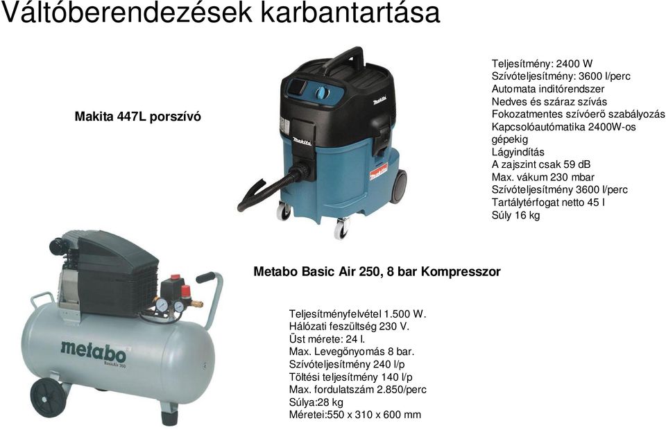 vákum 230 mbar Szívóteljesítmény 3600 l/perc Tartálytérfogat netto 45 l Súly 16 kg Metabo Basic Air 250, 8 bar Kompresszor Teljesítményfelvétel 1.500 W.