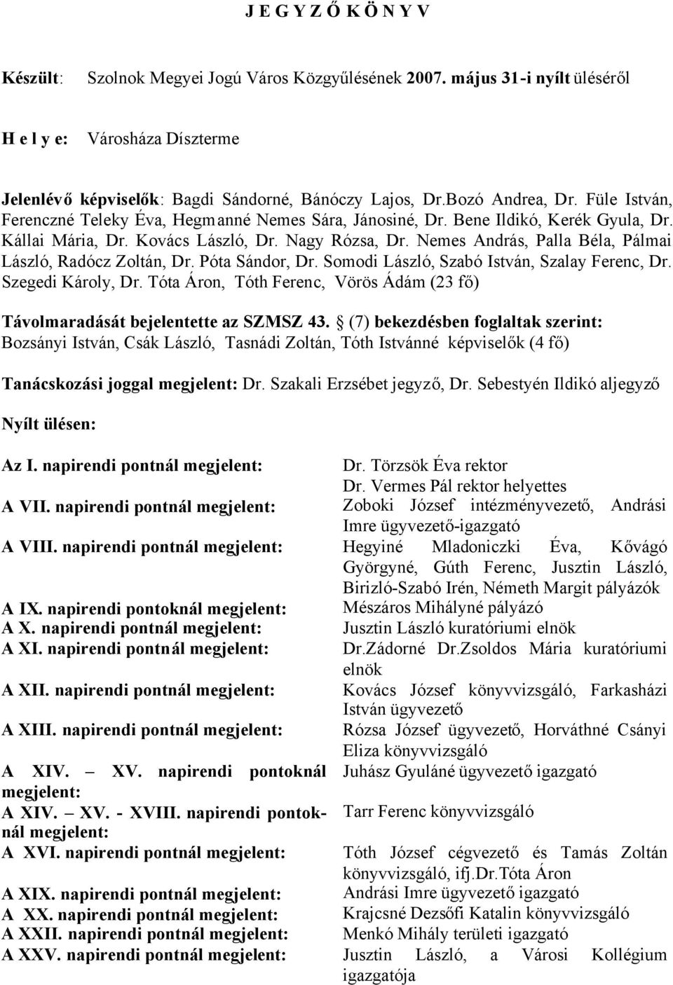 Nemes András, Palla Béla, Pálmai László, Radócz Zoltán, Dr. Póta Sándor, Dr. Somodi László, Szabó István, Szalay Ferenc, Dr. Szegedi Károly, Dr.