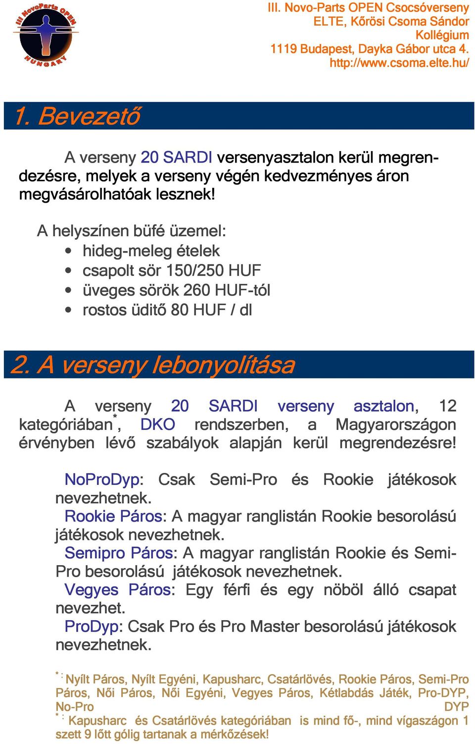 A verseny lebonyolítása A verseny 20 SARDI verseny asztalon,, 12 kategóriában *, DKO rendszerben, a Magyarországon érvényben lévő szabályok alapján kerül megrendezésre!