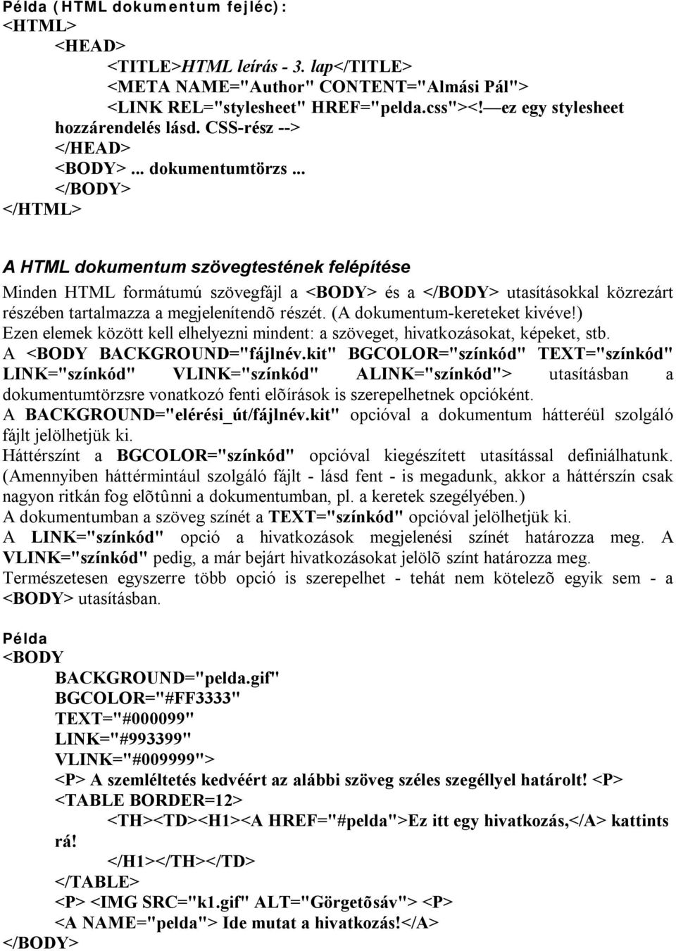 .. </BODY> </HTML> A HTML dokumentum szövegtestének felépítése Minden HTML formátumú szövegfájl a <BODY> és a </BODY> utasításokkal közrezárt részében tartalmazza a megjelenítendõ részét.