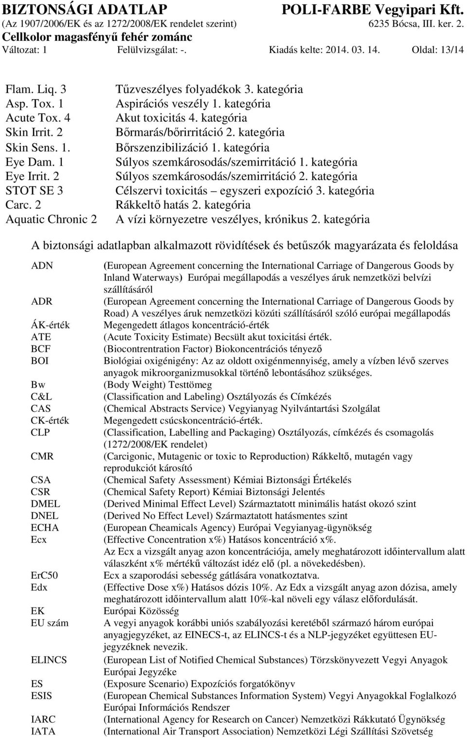 kategória Súlyos szemkárosodás/szemirritáció 1. kategória Súlyos szemkárosodás/szemirritáció 2. kategória Célszervi toxicitás egyszeri expozíció 3. kategória Rákkeltő hatás 2.