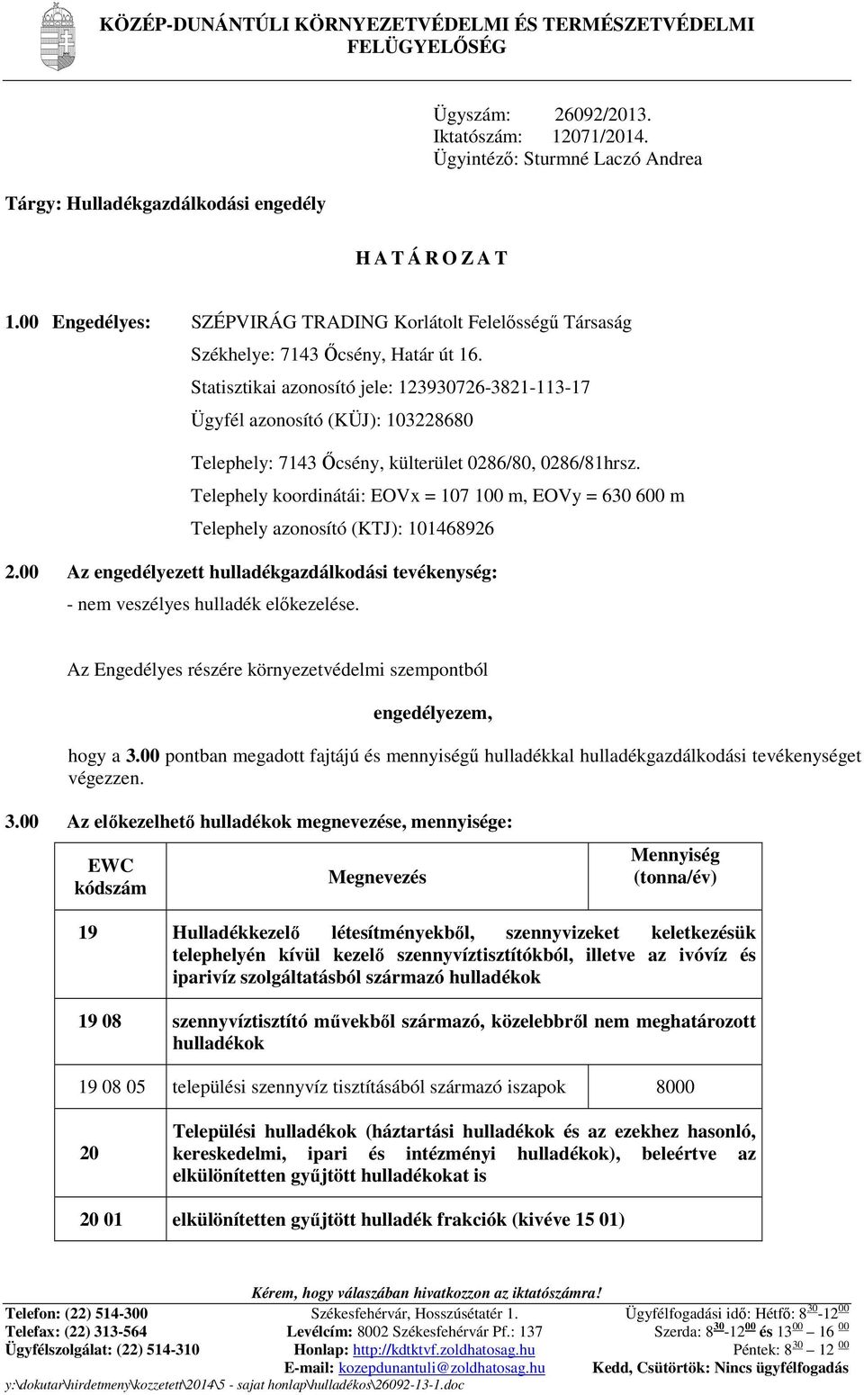 Statisztikai azonosító jele: 123930726-3821-113-17 Ügyfél azonosító (KÜJ): 103228680 Telephely: 7143 İcsény, külterület 0286/80, 0286/81hrsz.