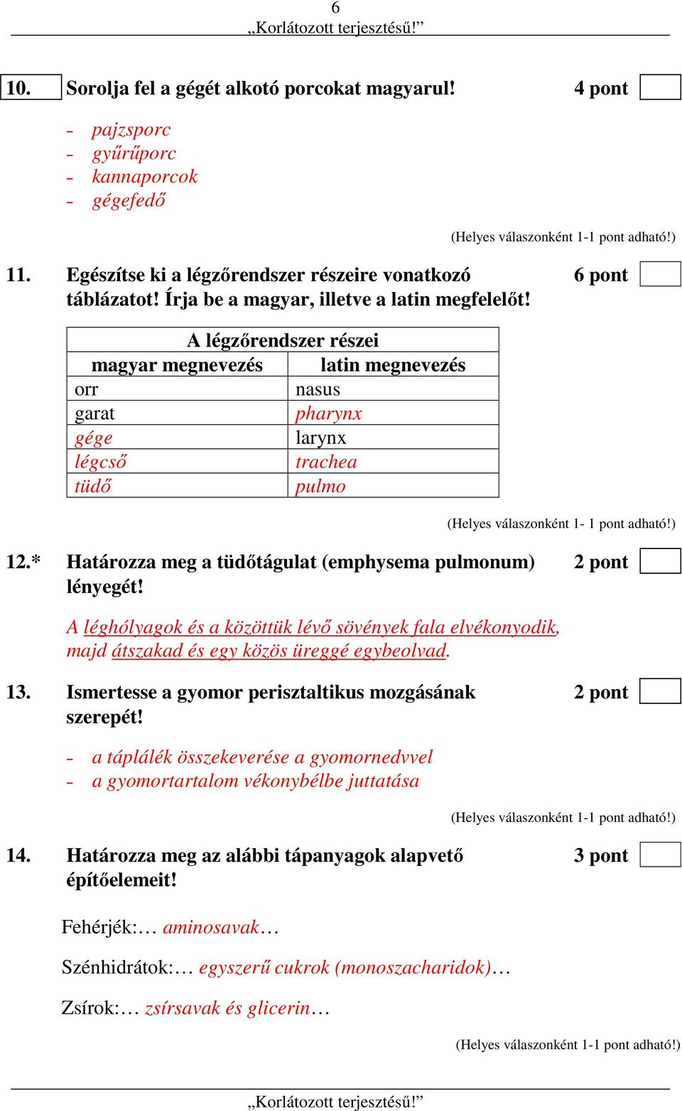 A légzőrendszer részei magyar megnevezés latin megnevezés orr nasus garat pharynx gége larynx légcső trachea tüdő pulmo (Helyes válaszonként 1-1 pont adható!) 12.