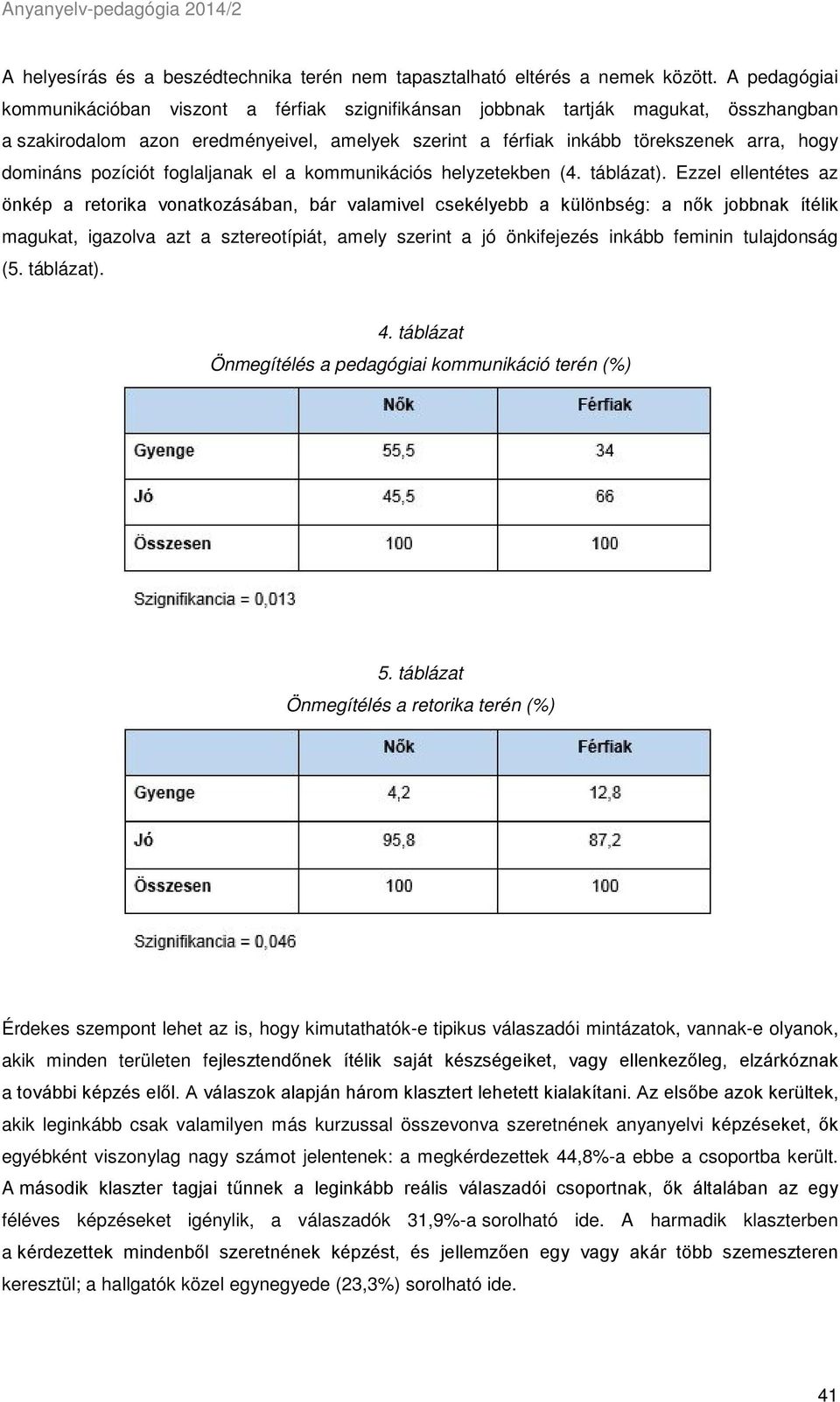 pozíciót foglaljanak el a kommunikációs helyzetekben (4. táblázat).