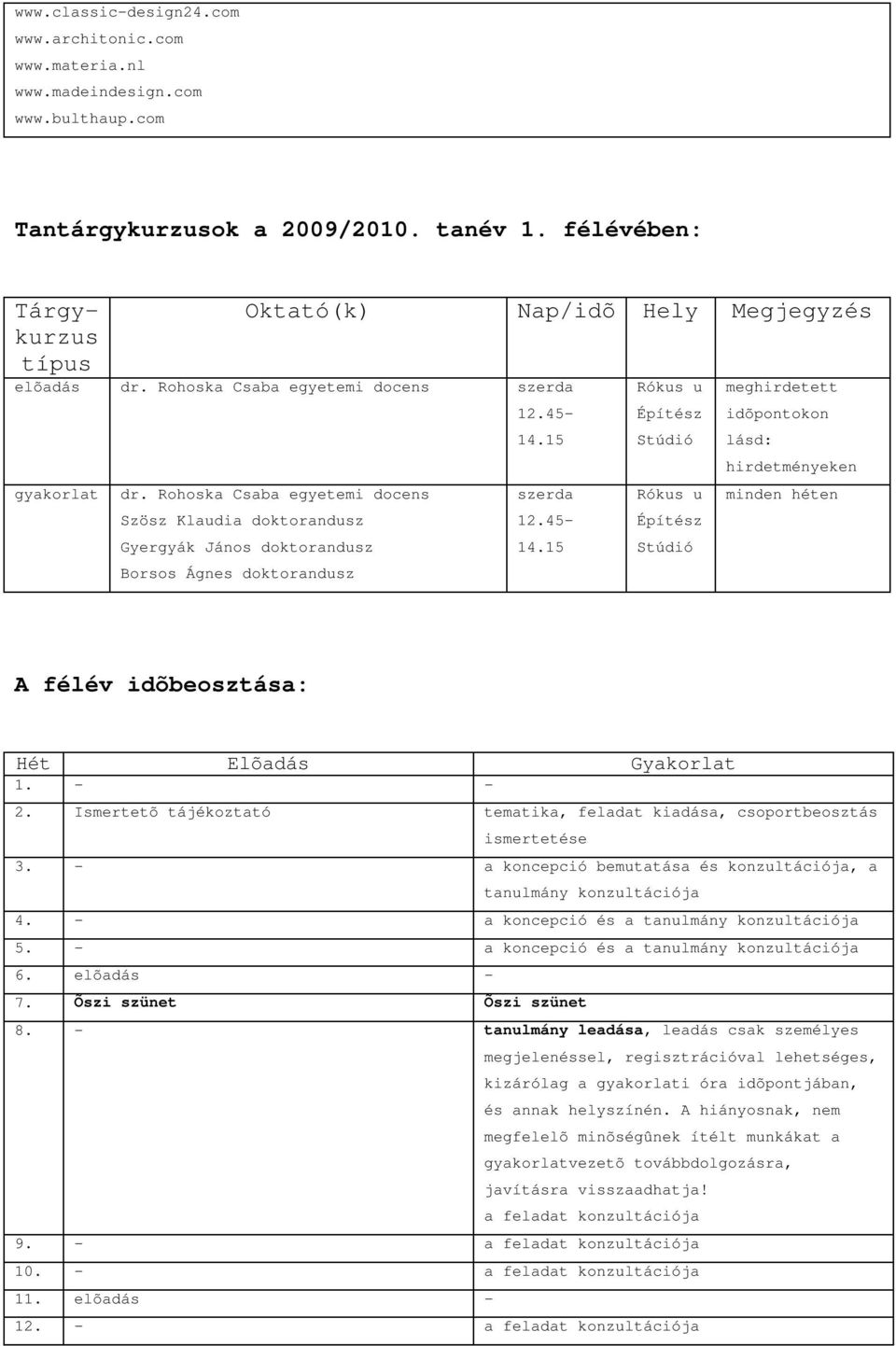 15 szerda Tárgykurzus típus 12.45-12.45-14.15 Rókus u Építész Stúdió Rókus u Építész Stúdió meghirdetett idõpontokon lásd: hirdetményeken minden héten A félév idõbeosztása: Hét Elõadás Gyakorlat 1.