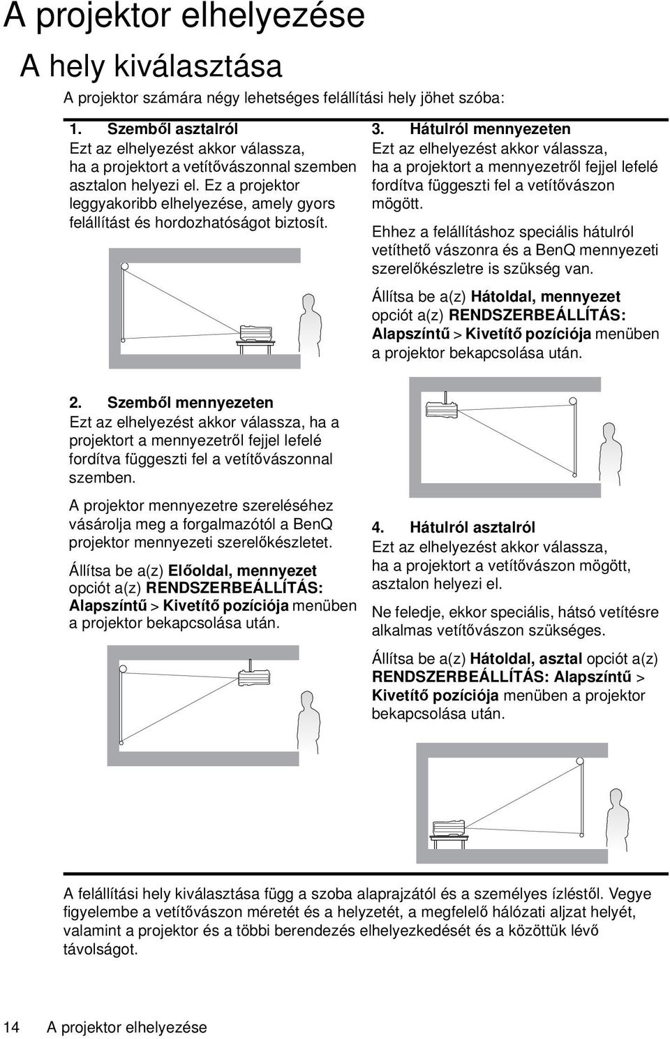 Ez a projektor leggyakoribb elhelyezése, amely gyors felállítást és hordozhatóságot biztosít. 3.