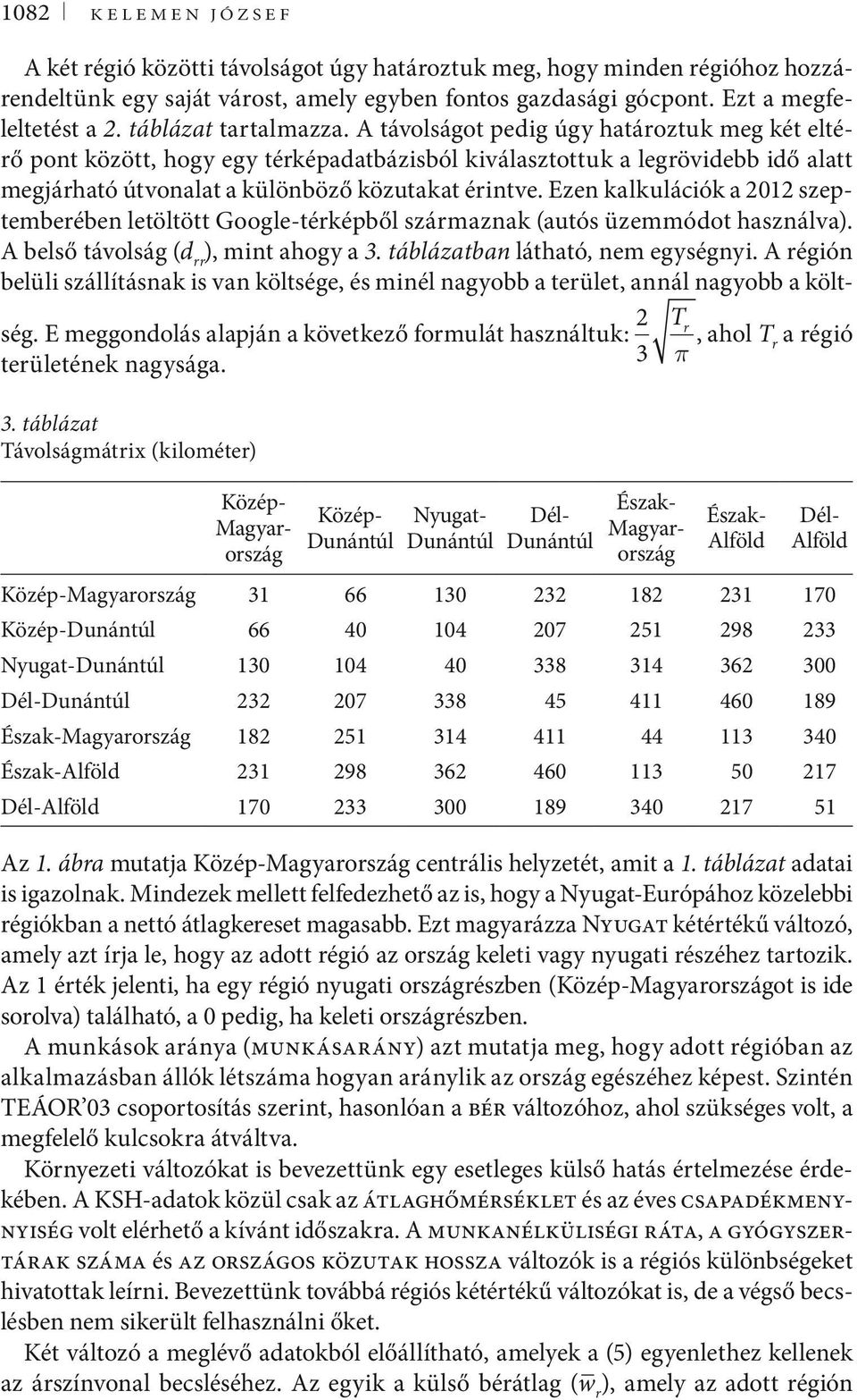 Ezen kalkulációk a 202 szeptemberében letöltött Google-térképből származnak (autós üzemmódot használva). A belső távolság (d rr ), mint ahogy a 3. táblázatban látható, nem egységnyi.