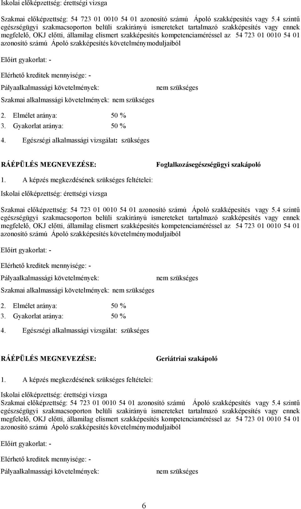54 01 azonosító számú Ápoló szakképesítés követelménymoduljaiból Elıírt gyakorlat: - Elérhetı kreditek mennyisége: - Pályaalkalmassági követelmények: Szakmai alkalmassági követelmények: nem szükséges