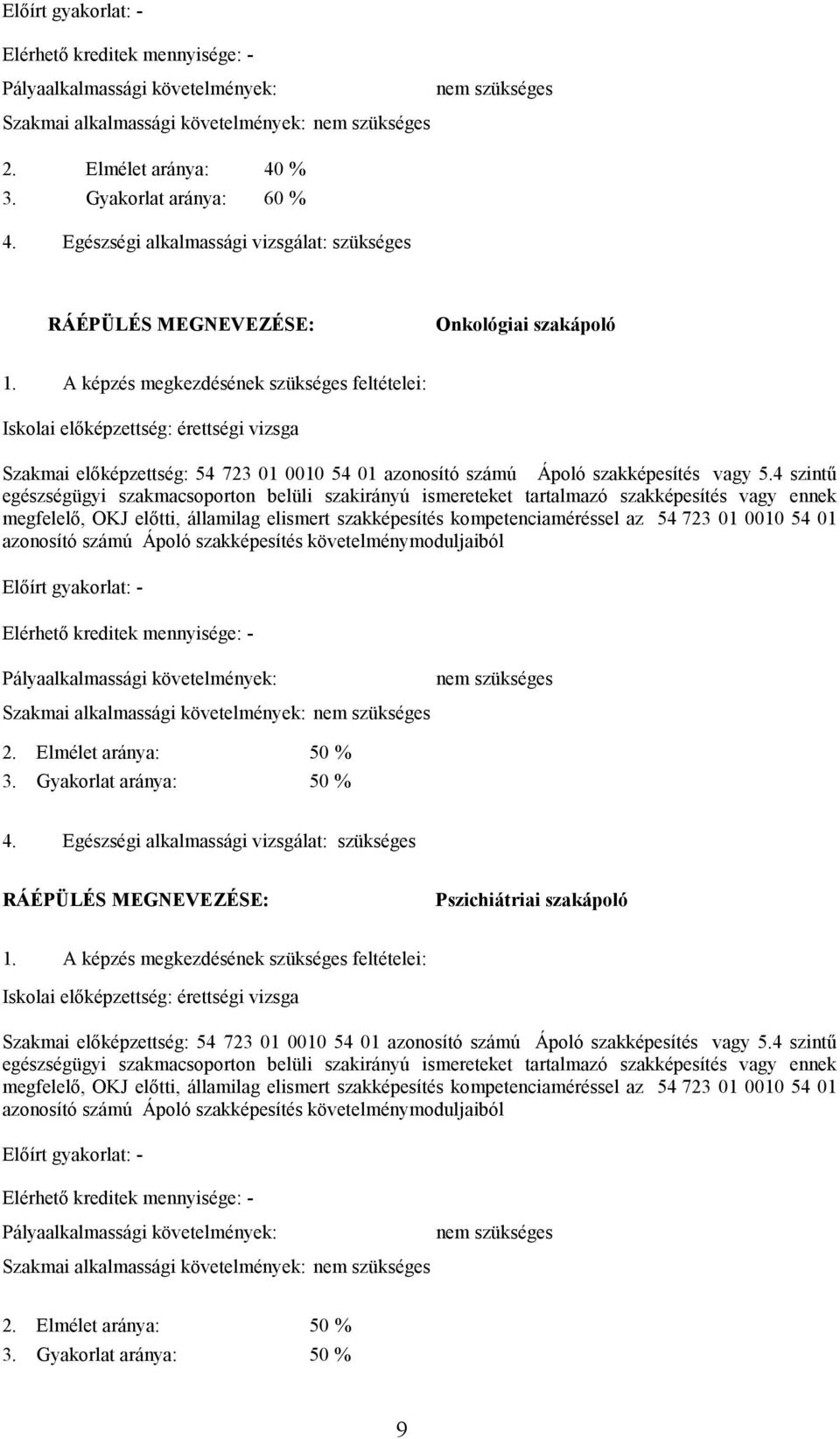 képzés megkezdésének szükséges feltételei: Iskolai elıképzettség: érettségi vizsga Szakmai elıképzettség: 54 723 01 0010 54 01 azonosító számú Ápoló szakképesítés vagy 5.