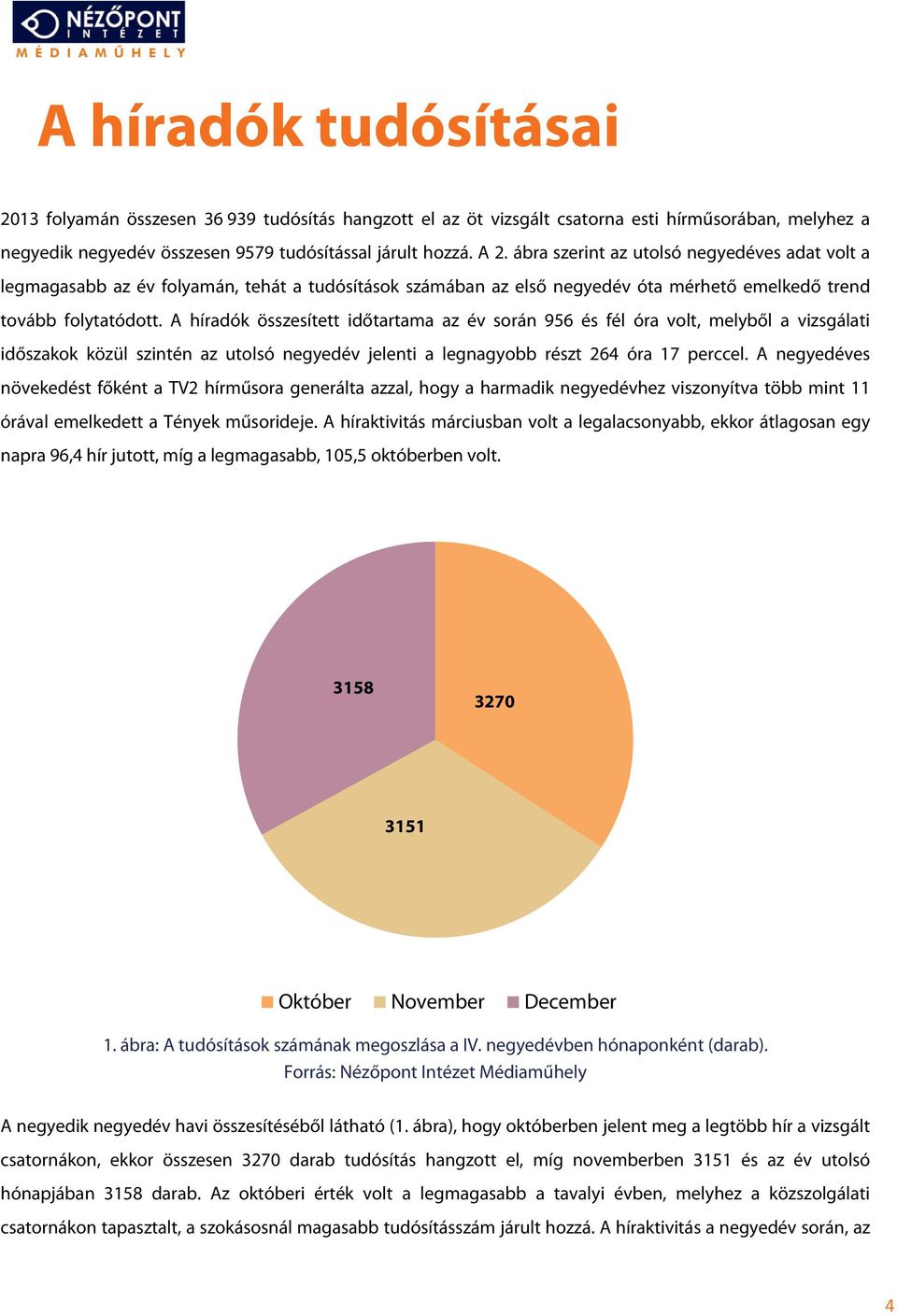 A híradók összesített időtartama az év során 956 és fél óra volt, melyből a vizsgálati időszakok közül szintén az utolsó negyedév jelenti a legnagyobb részt 264 óra 17 perccel.