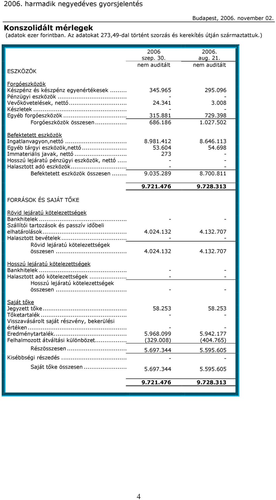 .. 315.881 729.398 Forgóeszközök összesen... 686.186 1.027.502 Befektetett eszközök Ingatlanvagyon,nettó... 8.981.412 8.646.113 Egyéb tárgyi eszközök,nettó... 53.604 54.698 Immateriális javak, nettó.