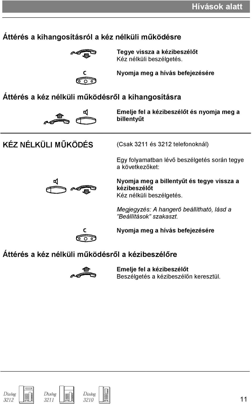 3211 és 3212 telefonoknál) Egy folyamatban lévı beszélgetés során tegye a következıket: Nyomja meg a billentyőt és tegye vissza a kézibeszélıt Kéz nélküli