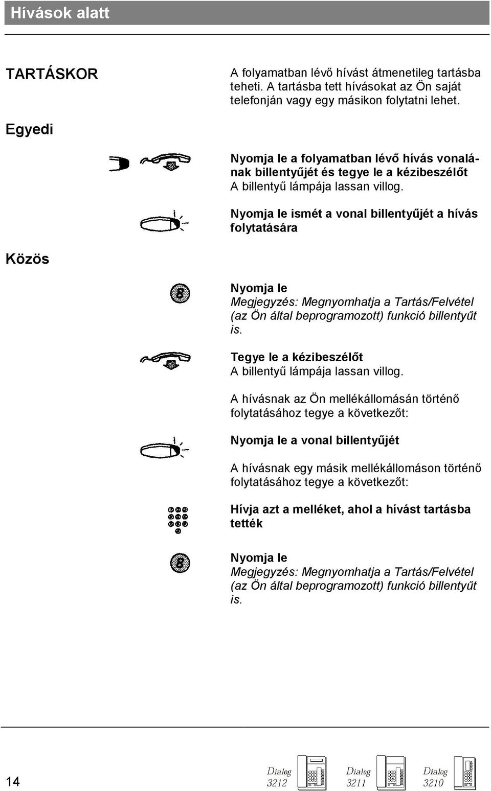 Nyomja le ismét a vonal billentyőjét a hívás folytatására Közös Nyomja le Megjegyzés: Megnyomhatja a Tartás/Felvétel (az Ön által beprogramozott) funkció billentyőt is.