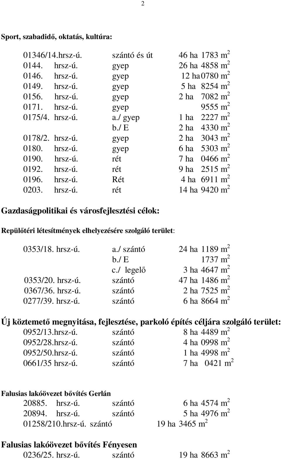 hrsz-ú. Rét 4 ha 6911 m 2 0203. hrsz-ú. rét 14 ha 9420 m 2 Gazdaságpolitikai és városfejlesztési célok: Repülőtéri létesítmények elhelyezésére szolgáló terület: 0353/18. hrsz-ú. a.