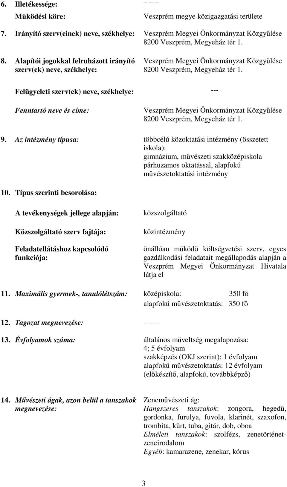 Felügyeleti szerv(ek) neve, székhelye: --- Fenntartó neve és címe: Veszprém Megyei Önkormányzat Közgyűlése 8200 Veszprém, Megyeház tér 1. 9.