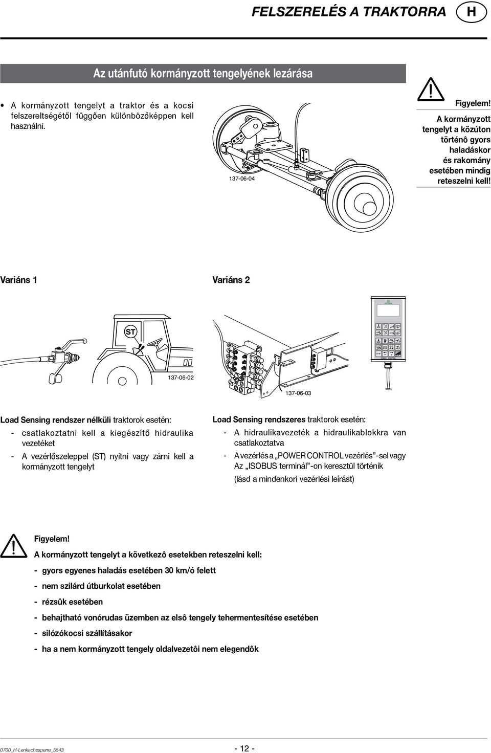 Variáns 1 Variáns 2 137-06-02 137-06-03 Load Sensing rendszer nélküli traktorok esetén: - csatlakoztatni kell a kiegészítő hidraulika vezetéket - A vezérlőszeleppel (ST) nyitni vagy zárni kell a