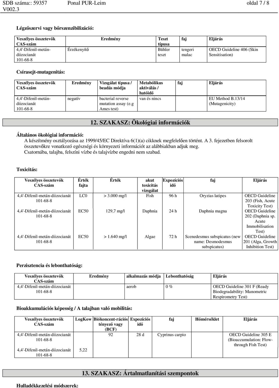 g Ames test) Metabólikus aktiválás / hatóid van és nincs faj Eljárás EU Method B.13/14 (Mutagenicity) 12.