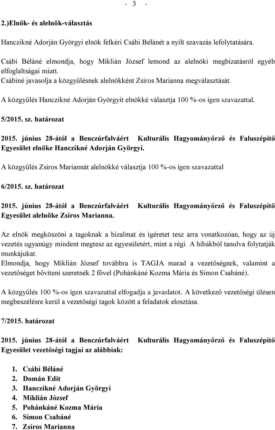 A közgyűlés Hanczikné Adorján Györgyit elnökké választja 100 %-os igen szavazattal. 5/2015. sz. határozat Egyesület elnöke Hanczikné Adorján Györgyi.