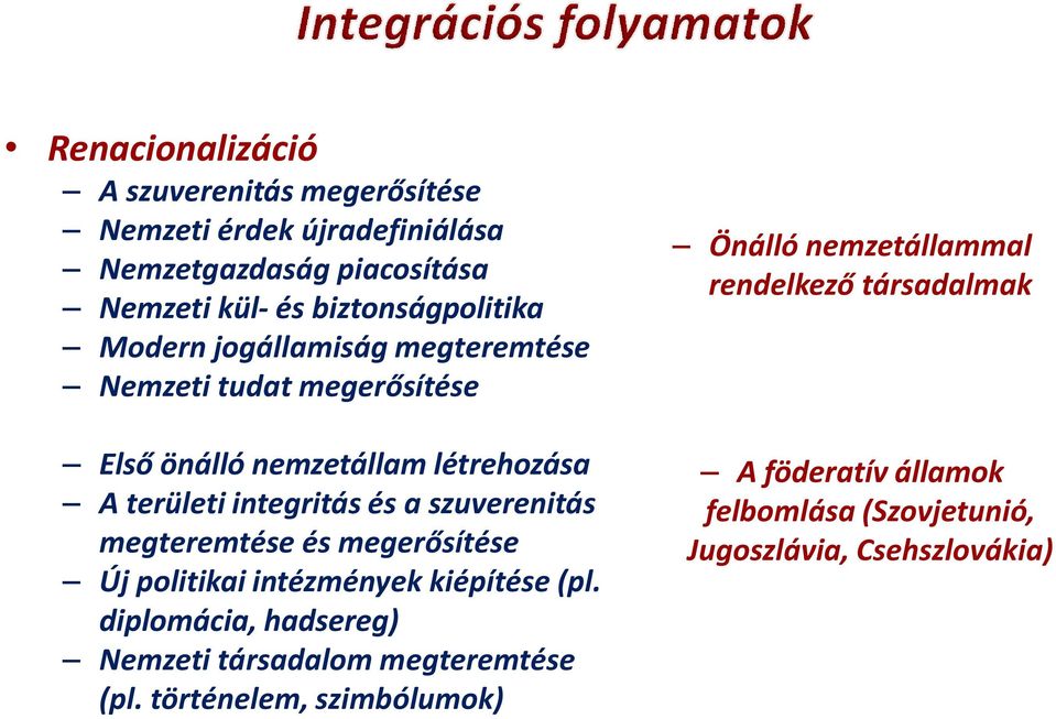 megteremtése és megerősítése Új politikai intézmények kiépítése (pl. diplomácia, hadsereg) Nemzeti társadalom megteremtése (pl.