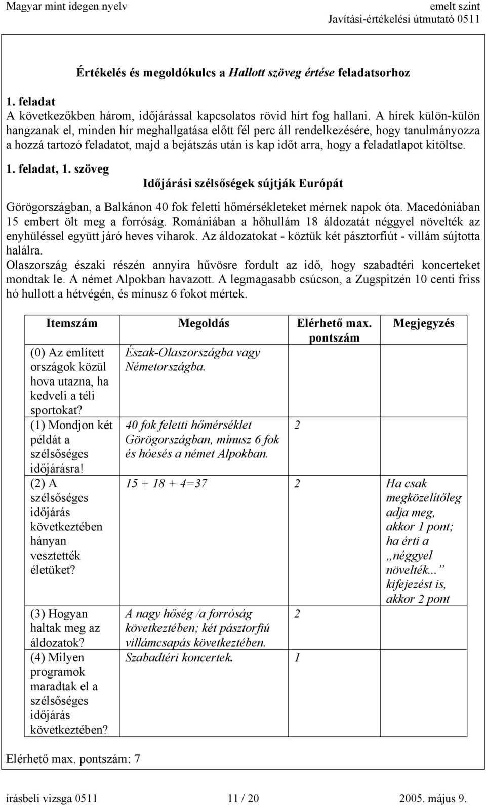 kitöltse. 1. feladat, 1. szöveg Időjárási szélsőségek sújtják Európát Görögországban, a Balkánon 40 fok feletti hőmérsékleteket mérnek napok óta. Macedóniában 15 embert ölt meg a forróság.