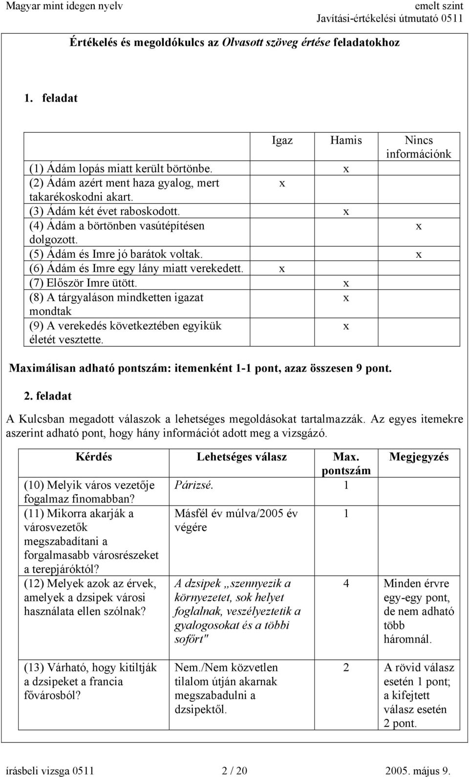 x (6) Ádám és Imre egy lány miatt verekedett. x (7) Először Imre ütött. x (8) A tárgyaláson mindketten igazat x mondtak (9) A verekedés következtében egyikük x életét vesztette.