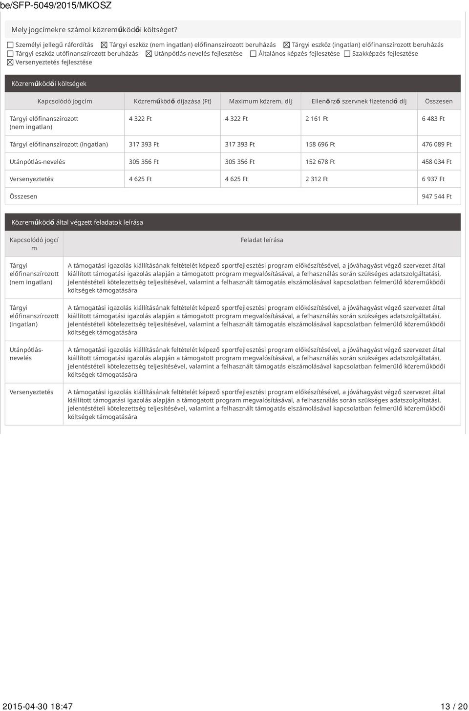 fejlesztése Általános képzés fejlesztése Szakképzés fejlesztése Versenyeztetés fejlesztése Közreműködői költségek Kapcsolódó jogcím Közreműködő díjazása (Ft) Maximum közrem.