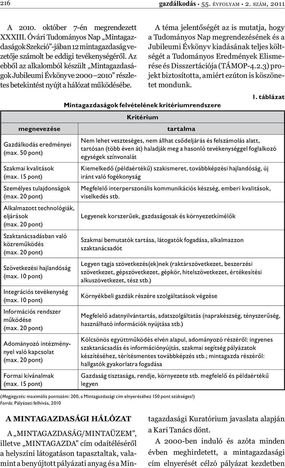 15 pont) Személyes tulajdonságok Alkalmazott technológiák, eljárások Szaktanácsadásban való közreműködés Szövetkezési hajlandóság (max. 10 pont) Integrációs tevékenység (max.