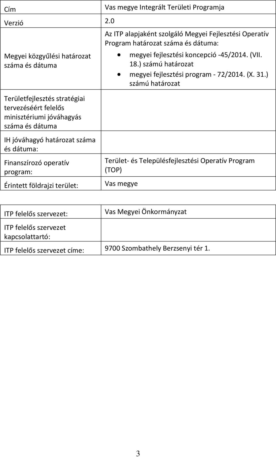 ITP alapjaként szolgáló Megyei Fejlesztési Operatív Program határozat száma és dátuma: megyei fejlesztési koncepció -45/2014. (VII. 18.