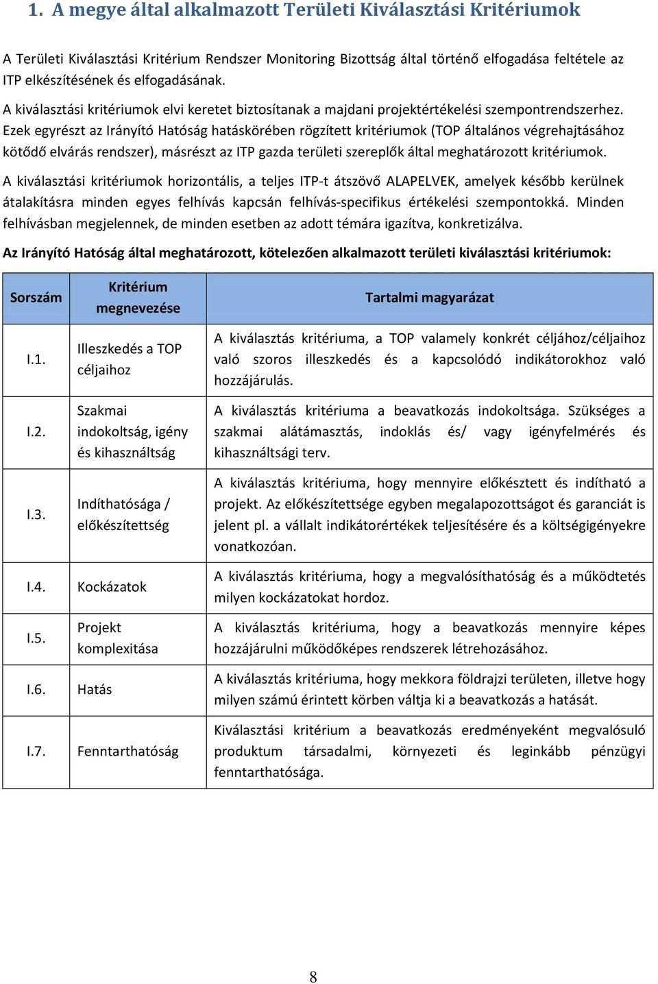 Ezek egyrészt az Irányító Hatóság hatáskörében rögzített kritériumok (TOP általános végrehajtásához kötődő elvárás rendszer), másrészt az ITP gazda területi szereplők által meghatározott kritériumok.