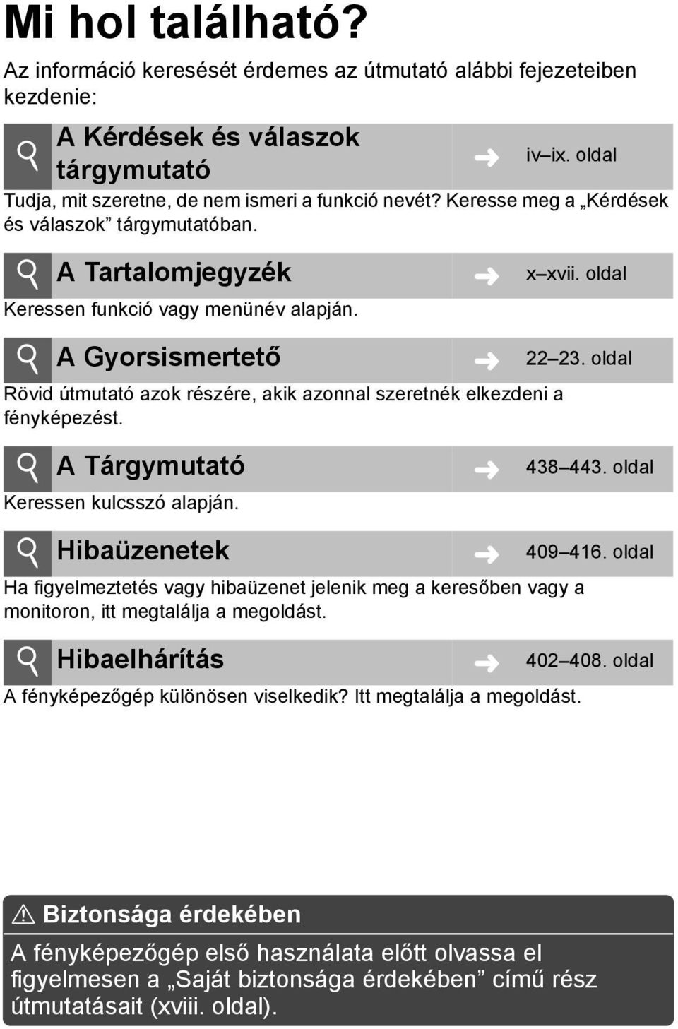 oldal i A Gyorsismertető Rövid útmutató azok részére, akik azonnal szeretnék elkezdeni a fényképezést. 22 23. oldal i A Tárgymutató Keressen kulcsszó alapján. 438 443.