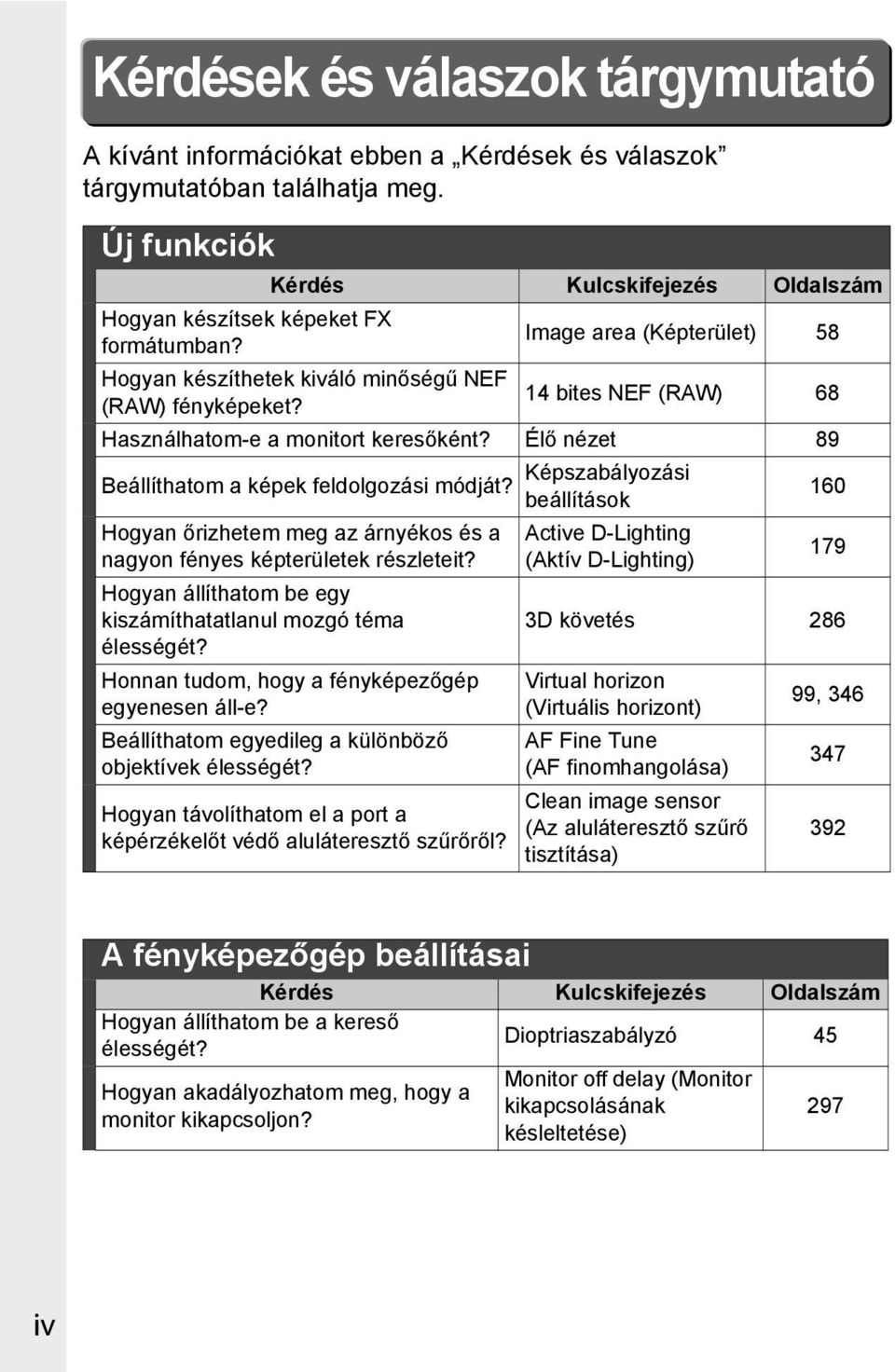 Képszabályozási beállítások 160 Hogyan őrizhetem meg az árnyékos és a nagyon fényes képterületek részleteit? Hogyan állíthatom be egy kiszámíthatatlanul mozgó téma élességét?