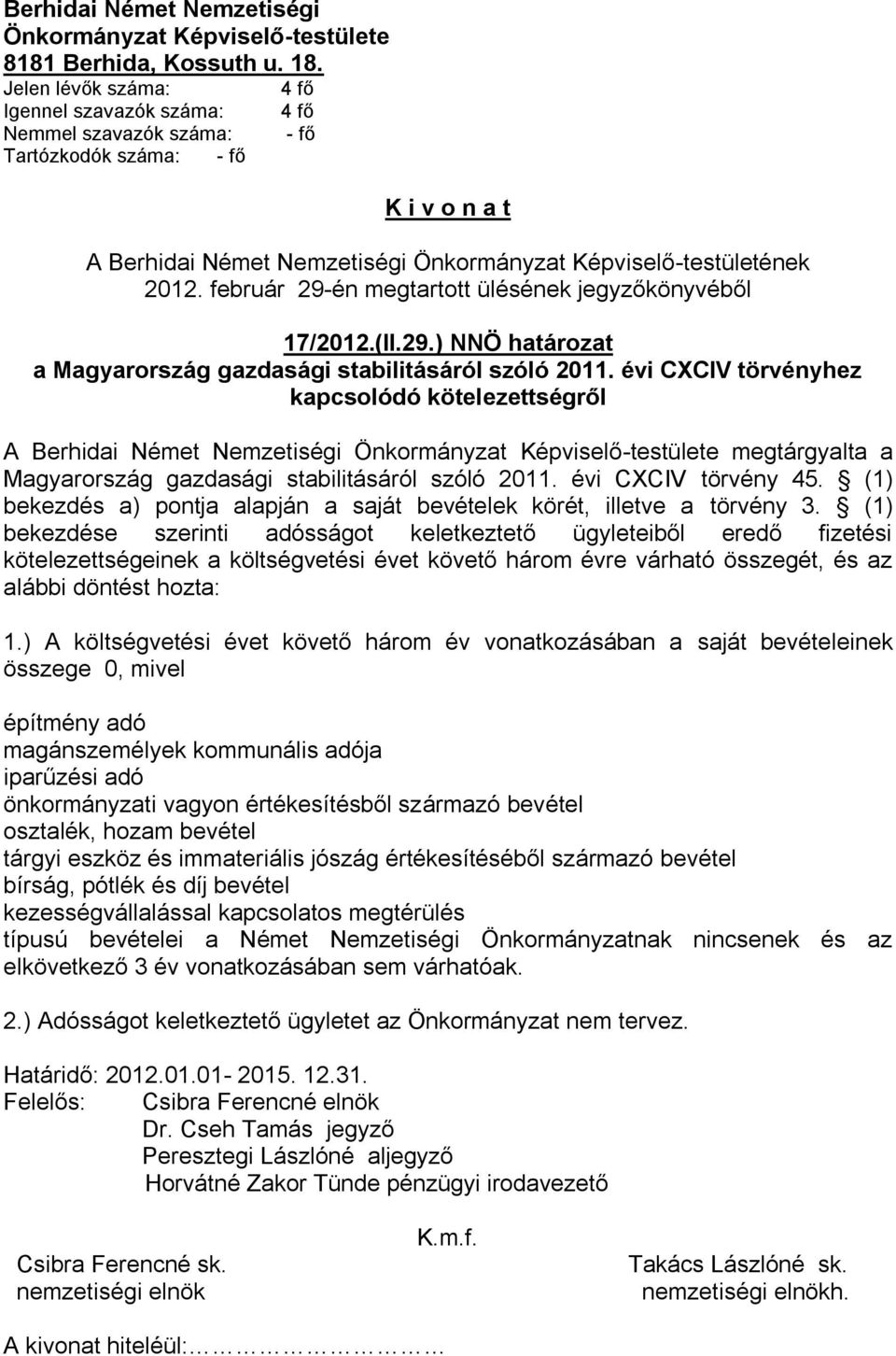 február 29-én megtartott ülésének jegyzőkönyvéből 17/2012.(II.29.) NNÖ határozat a Magyarország gazdasági stabilitásáról szóló 2011.