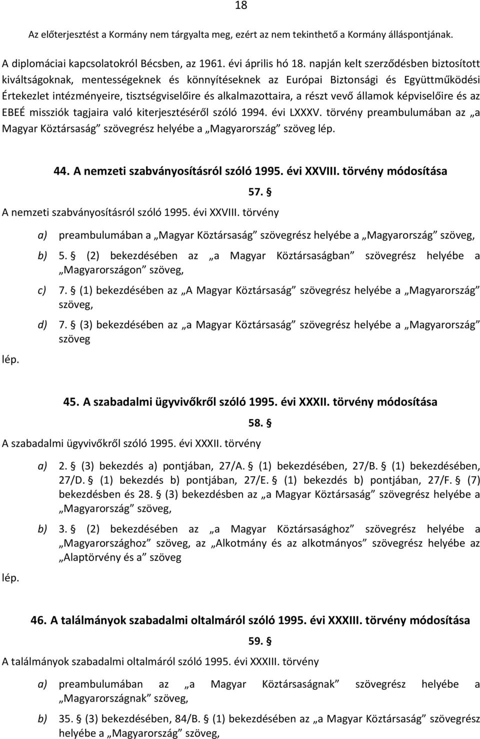 vevő államok képviselőire és az EBEÉ missziók tagjaira való kiterjesztéséről szóló 1994. évi LXXXV. törvény preambulumában az a Magyar Köztársaság szövegrész helyébe a Magyarország szöveg 44.